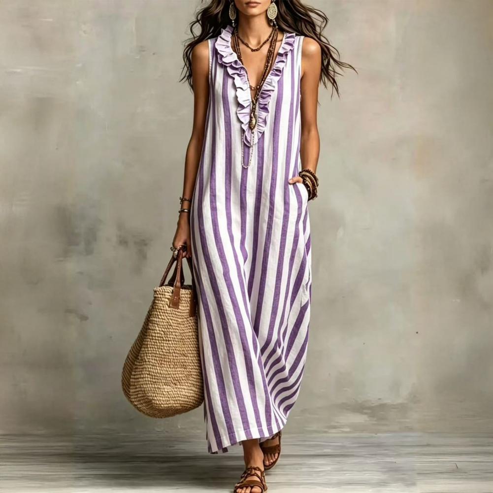 Robe d'été pour femmes avec poches, rayée, en coton et lin, maxi, sans manches, bohème, ample, longue, robe de plage