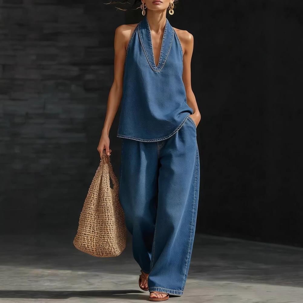 Ensemble en jean sans manches pour femme – Haut dos nu et pantalon large – Tenue d'été deux pièces