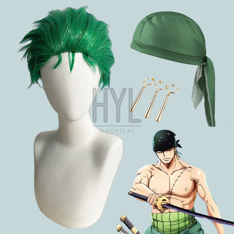 Perruque de Cosplay Anime Straw Hat Pirates Roronoa Zoro, cheveux synthétiques courts verts pour femmes et hommes, accessoires de fête de carnaval d'halloween