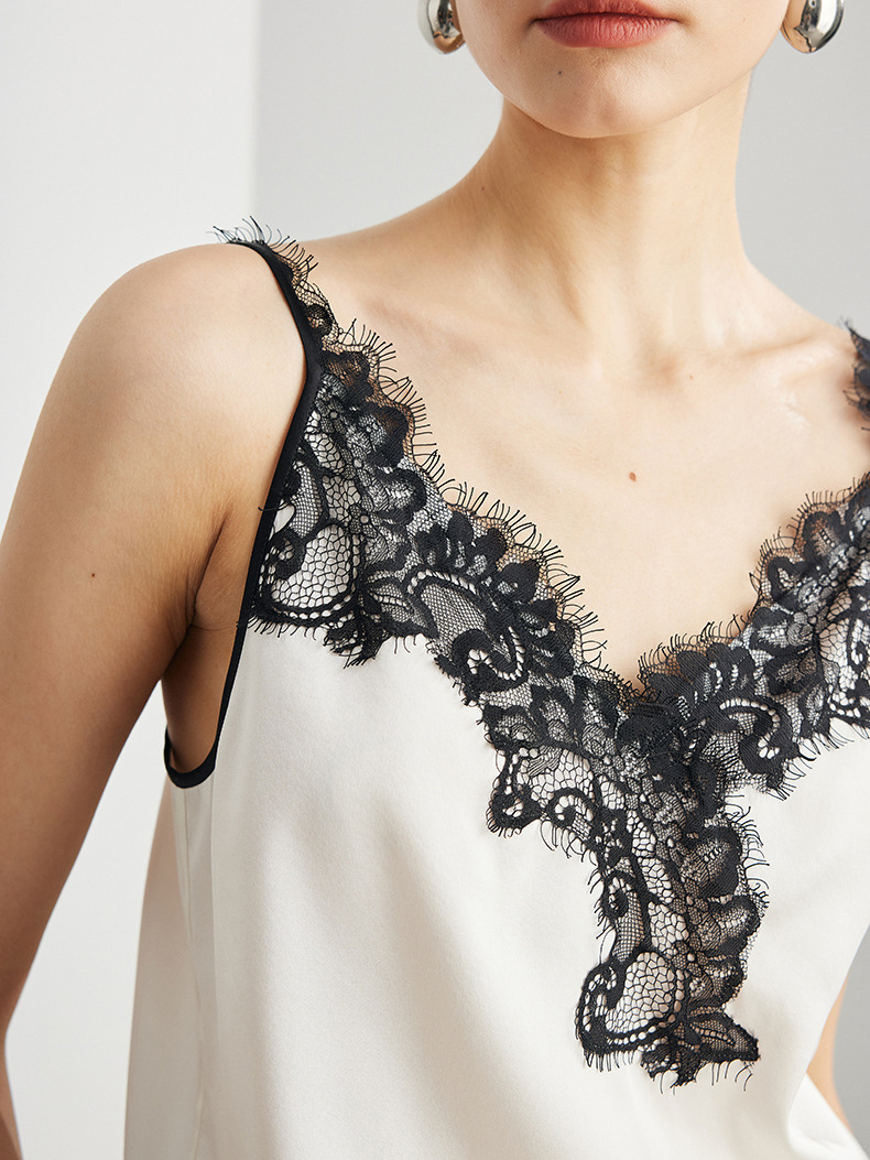 SuyaDream. Camisoles en soie pour femmes, 90% soie véritable, col en V en dentelle, t-shirt chic sans manches, haut confortable printemps-été 2026, blanc, noir