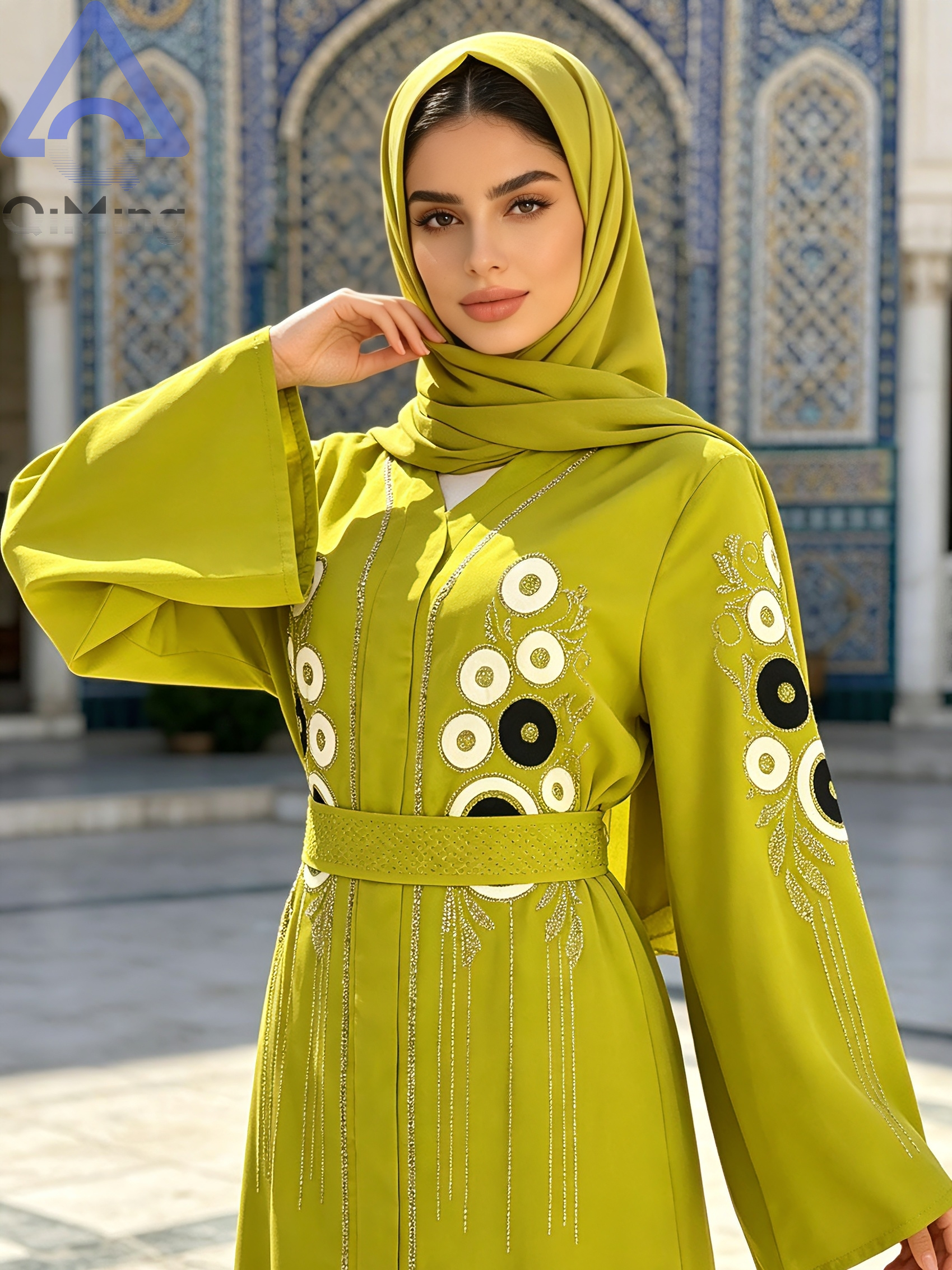 Robe longue Kaftan Abaya africaine en strass avec écharpe couleur terre cuite, manches chauve-souris, tenue de soirée modeste pour femme musulmane, pour l'Aïd et les mariages