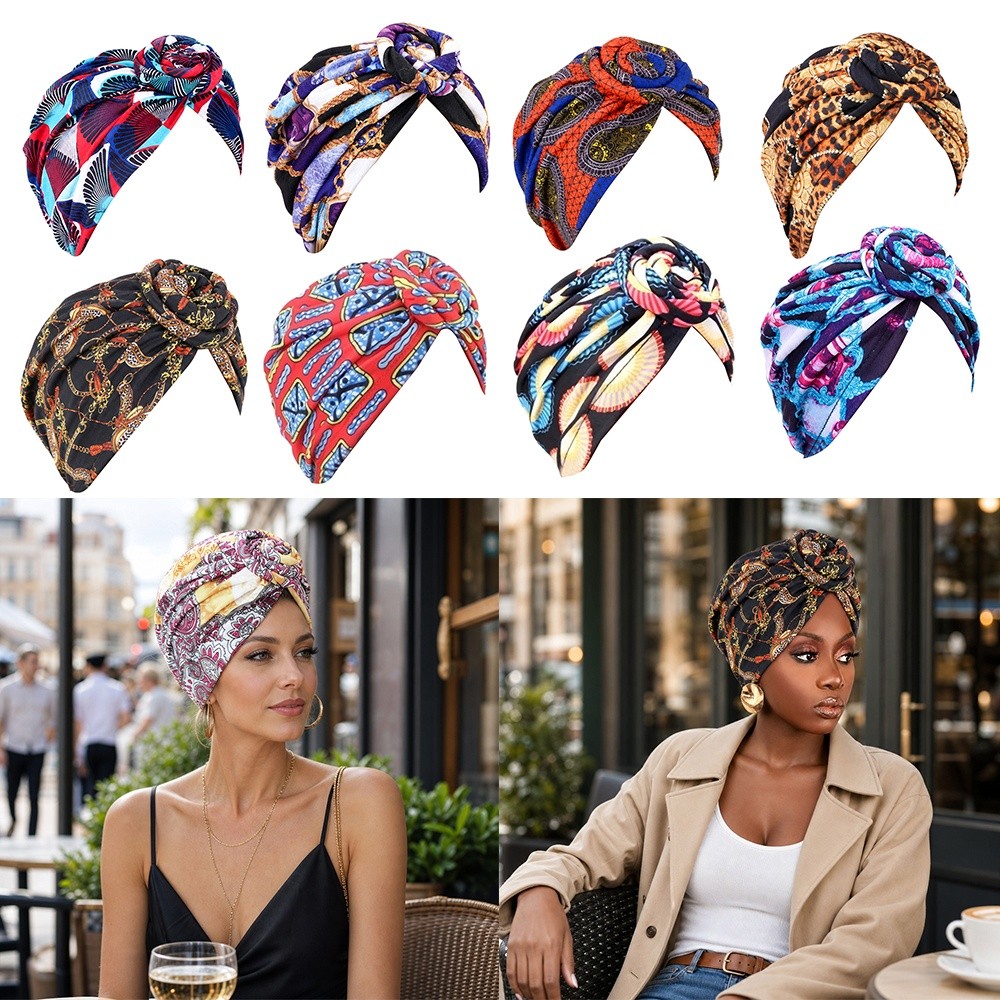 Bonnet Hijab Plissé à Nœud Torsadé Style Turban Imprimé Africain – Chapeau Nœud Floral Doux et Confortable pour Femme