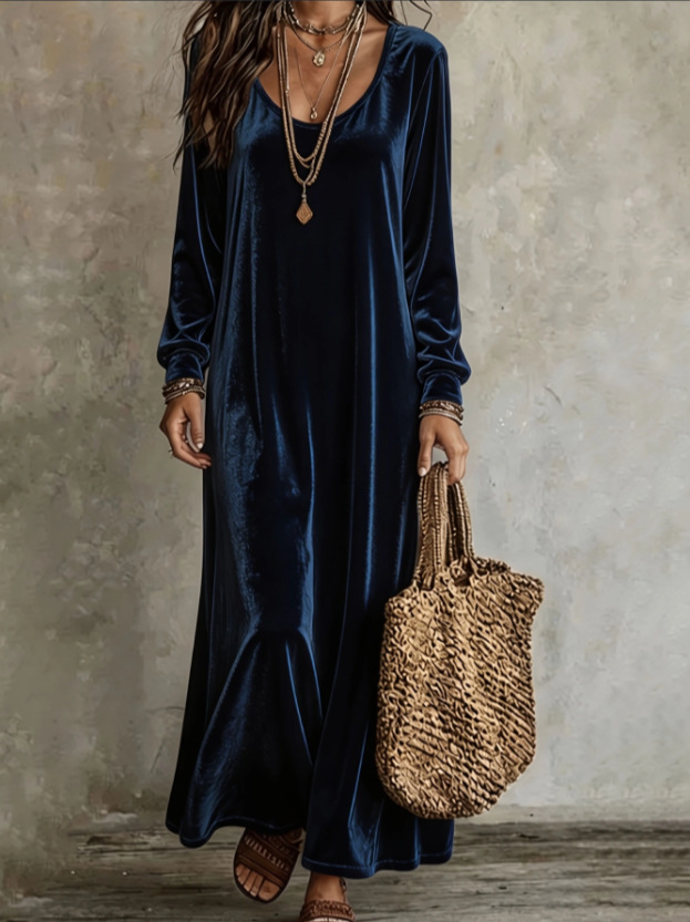 Robe en velours pour femmes, élégante robe maxi à manches longues.