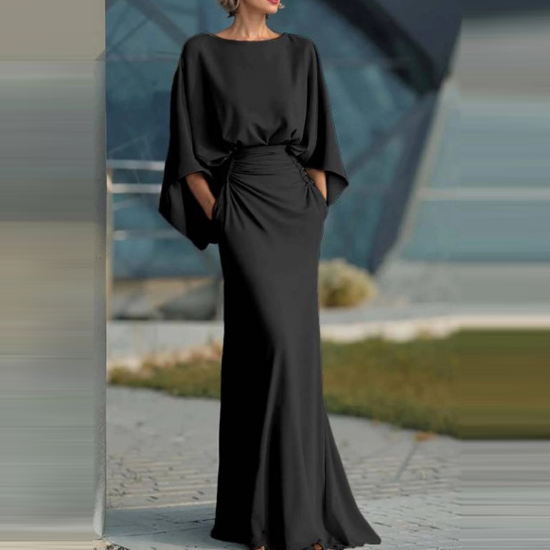 Robe longue plissée élégante à taille haute pour femme, col rond, manches chauve-souris, dos nu, poches, couleur unie, idéale pour les soirées