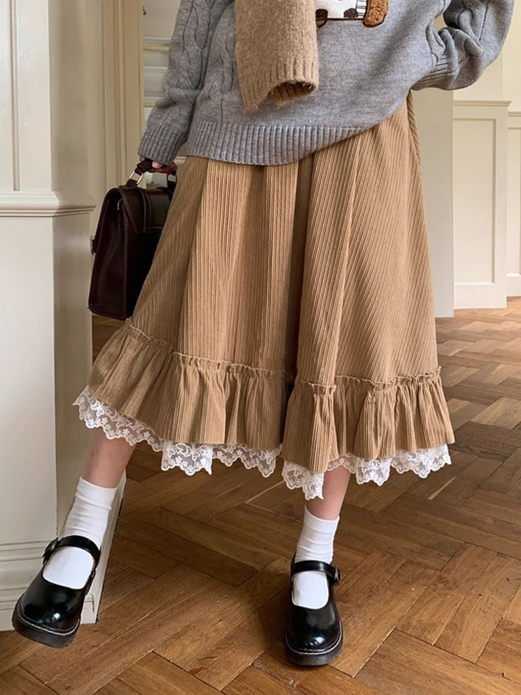 Printemps doux mignon jupe longue femmes Vintage Preppy Style dentelle Patchwork Kawaii jupes japon rétro décontracté dame élégante jupes longues