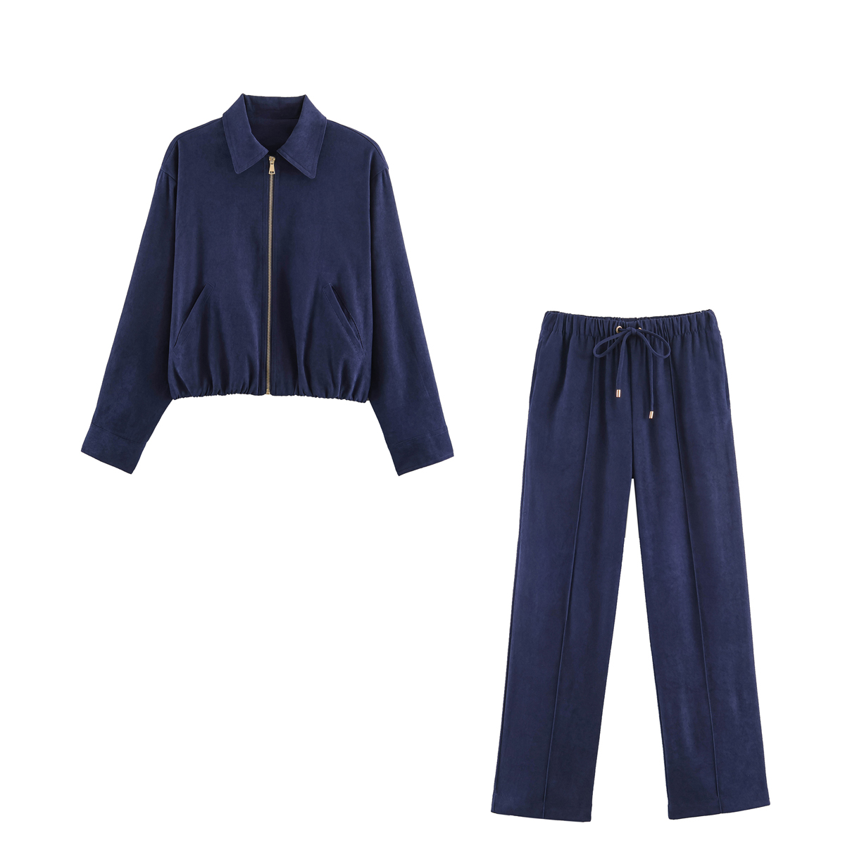 Ensemble pantalon décontracté pour femme, printemps-automne, élégant, style urbain, veste ample à revers avec fermeture éclair et pantalon à cordon de serrage, tailleur féminin