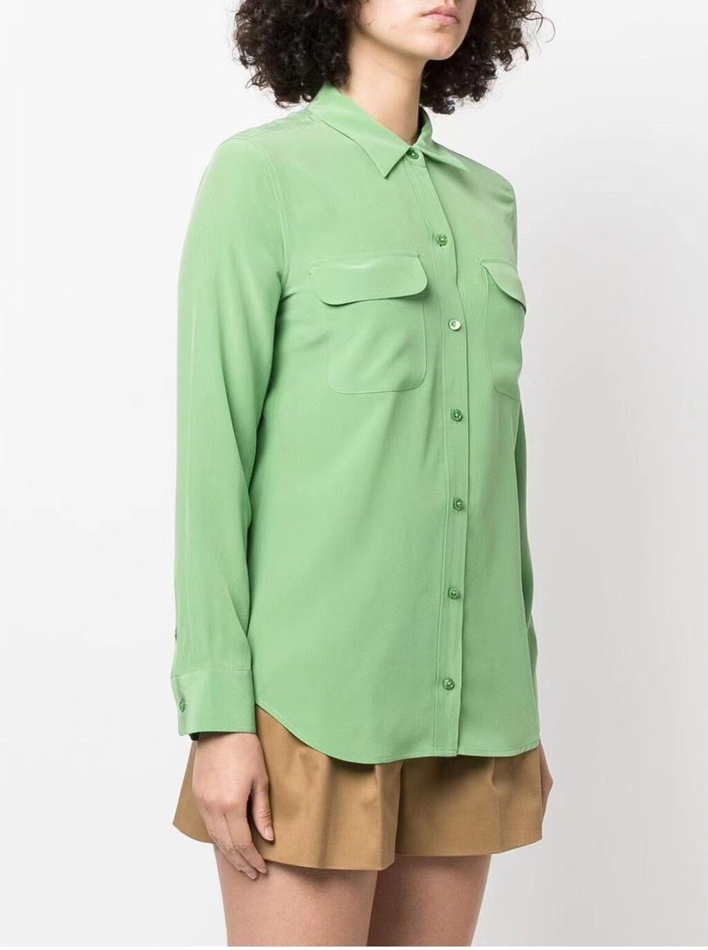 Femmes chemises en soie véritable classique Double poches couleur unie décontracté mode à manches longues chemise mince Blouses t-shirts