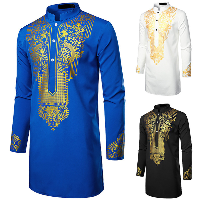 Abaya islamique arabe pour hommes Robe imprimé ethnique col montant chemise mi-longue pour jeunes manteau de luxe vêtements décontractés pour hommes musulmans à la mode