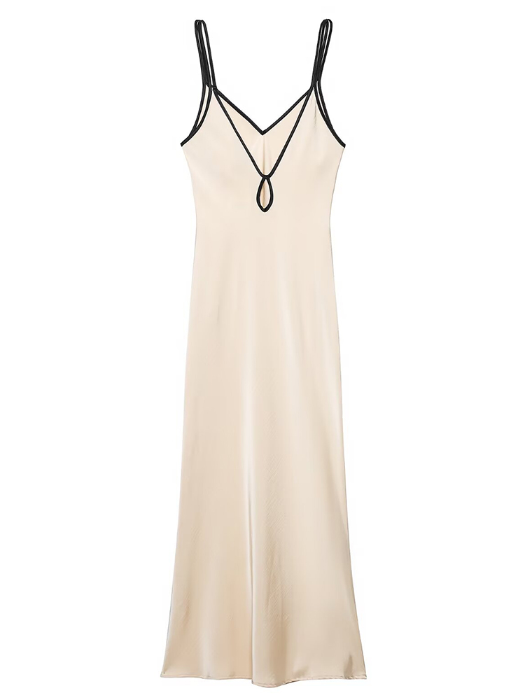 Robe longue élégante en satin de soie HH pour femme, col en V, bretelles spaghetti, coupe ajustée, pour soirée, été