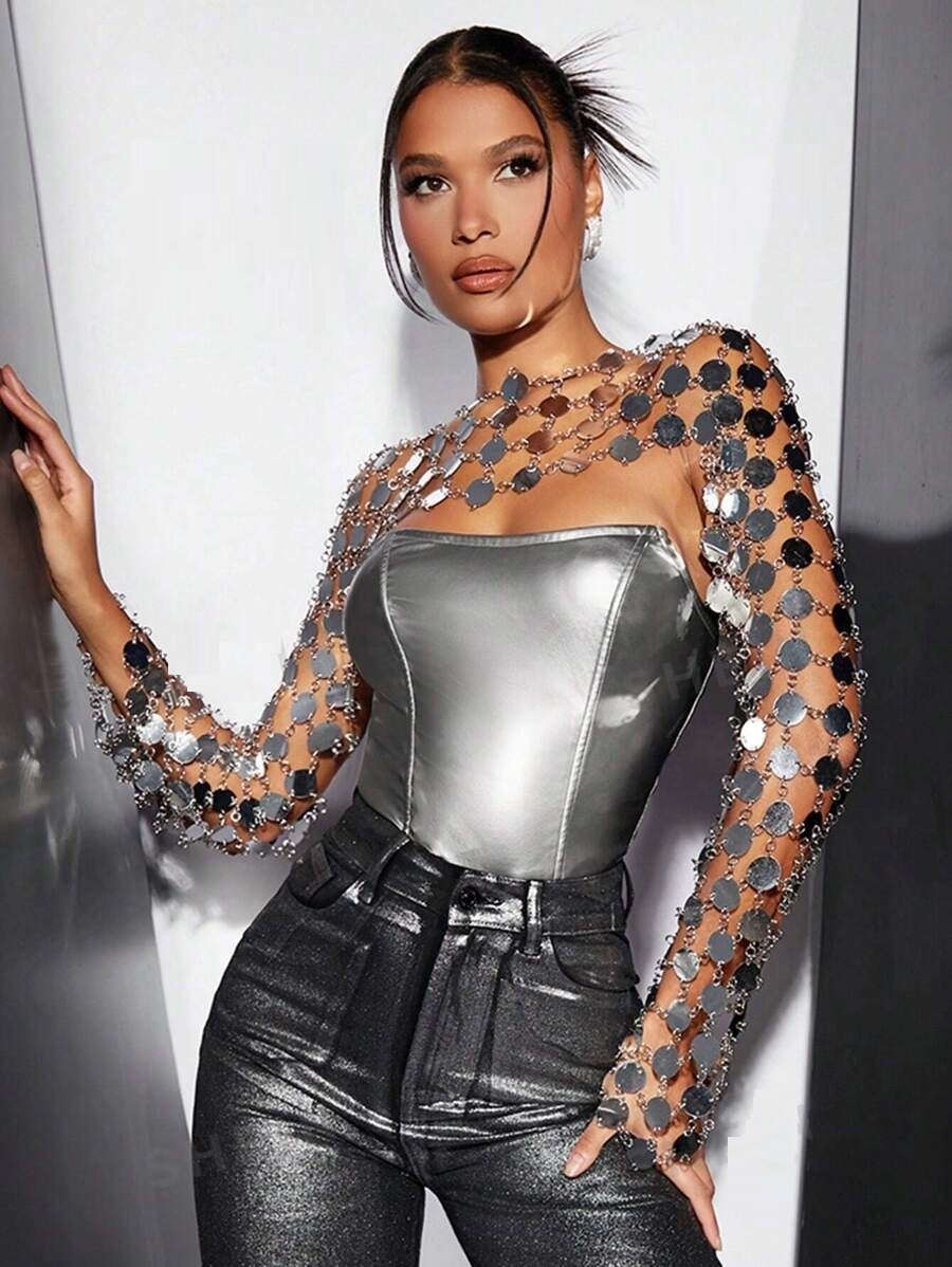 Haut à manches longues avec décor à paillettes pour femmes, haut métallique solide, magnifique festival de musique, club, fête, date, nuit, Rotterdam, kly Cover-Up