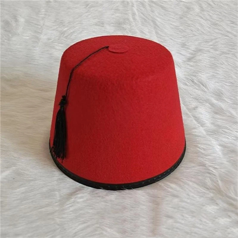 Chapeau Fez Rond en Feutre Respirant Rouge – Chapeau Marocain Cosplay avec Pompons Turcs – Fournitures de Festival