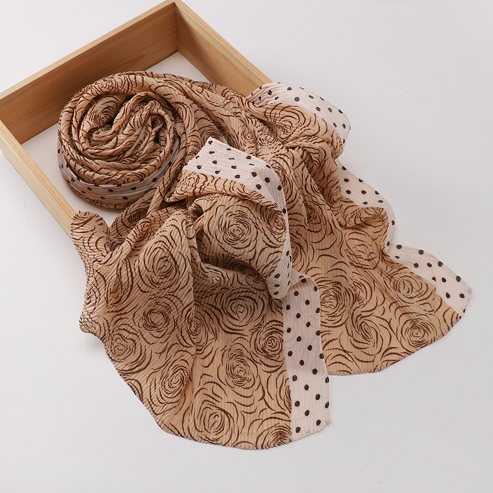 Écharpe à bordure à pois en mousseline froissée à imprimé rose, hijab châle de style turc, doux et léger, foulard pour femmes musulmanes.