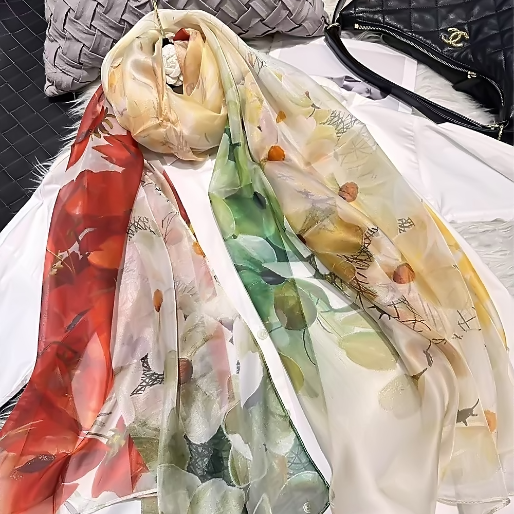 Foulard Long en Mousseline de Soie pour Femme, Rouge, Vert, Mûrier, Nouveau Design Floral de Luxe, Enveloppes d'Été, Couverture de Plage, Rond 100% x 180 cm, 110