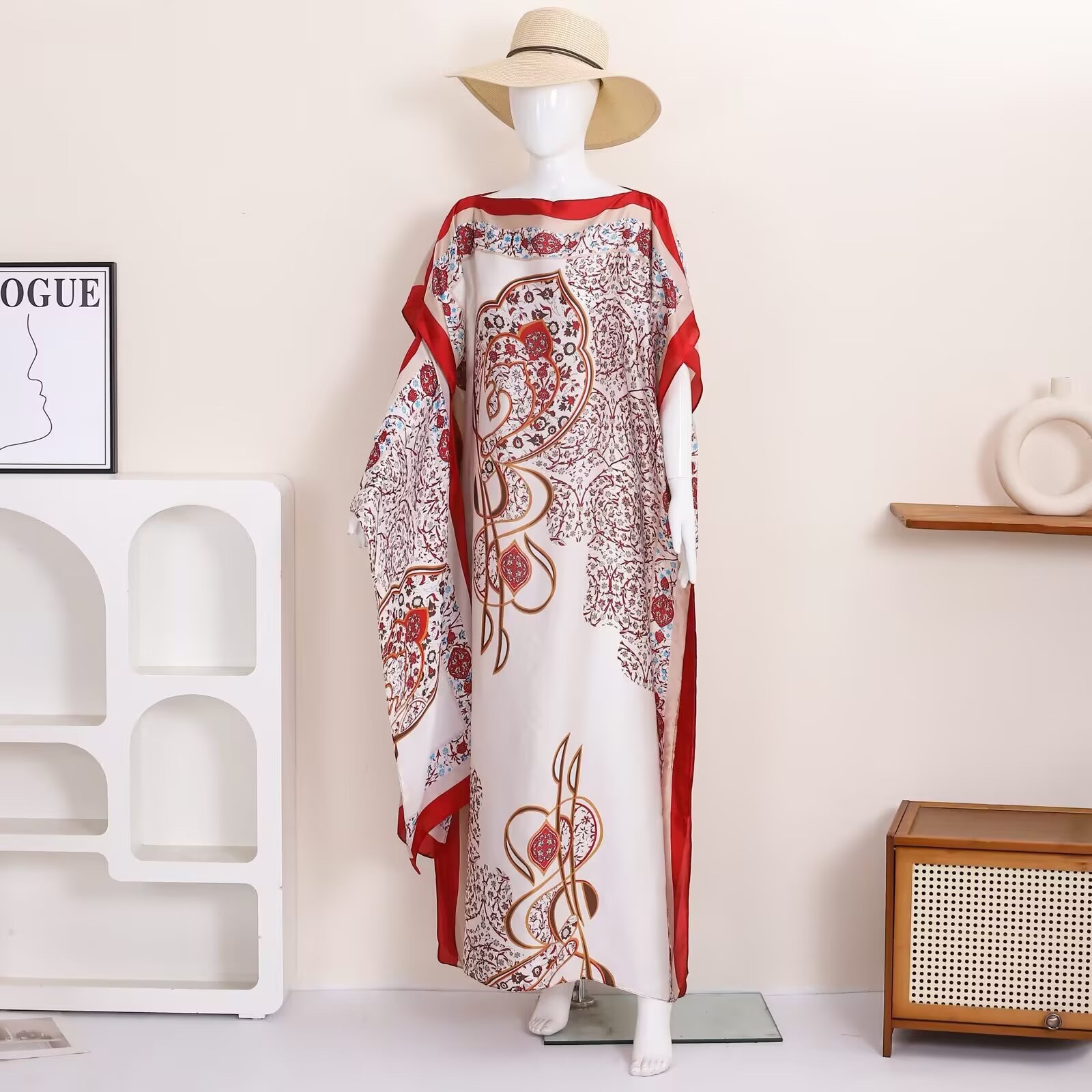 Robe longue décontractée en satin multicolore à motif floral persan pour femme, ample, idéale pour les vacances à la plage, avec foulard assorti