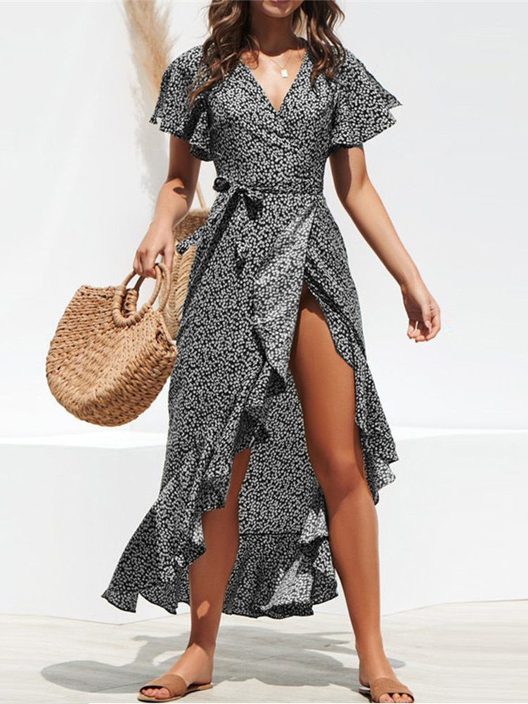 Robe Longue en Mousseline de Soie pour Femme, Imprimé Floral, Style Boho, Maxi, Col Rond en V, Fendue, Décontractée, Sexy, Soirée, Été