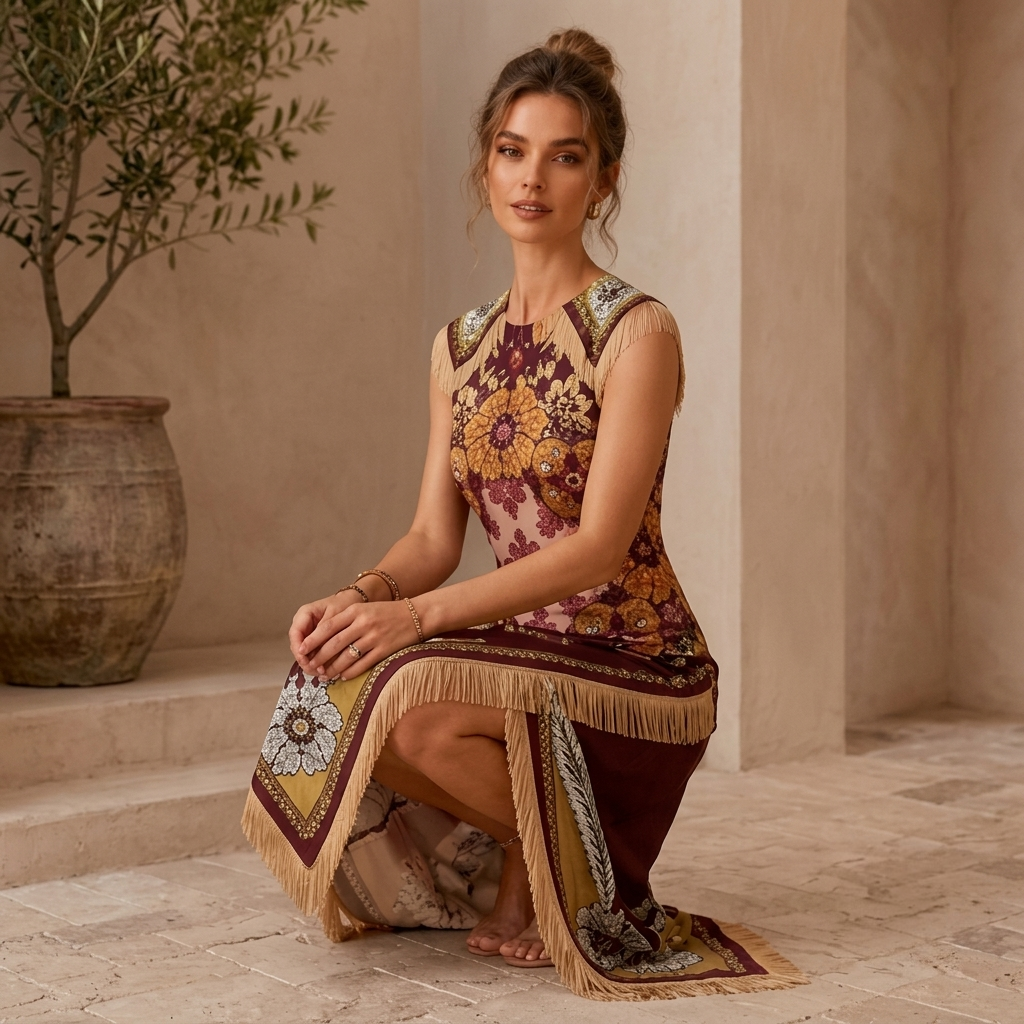 Robe midi vintage bohème imprimée pour femme, élégante, florale, sans manches, style cache-cœur, avec ourlet asymétrique à franges, idéale pour l'été