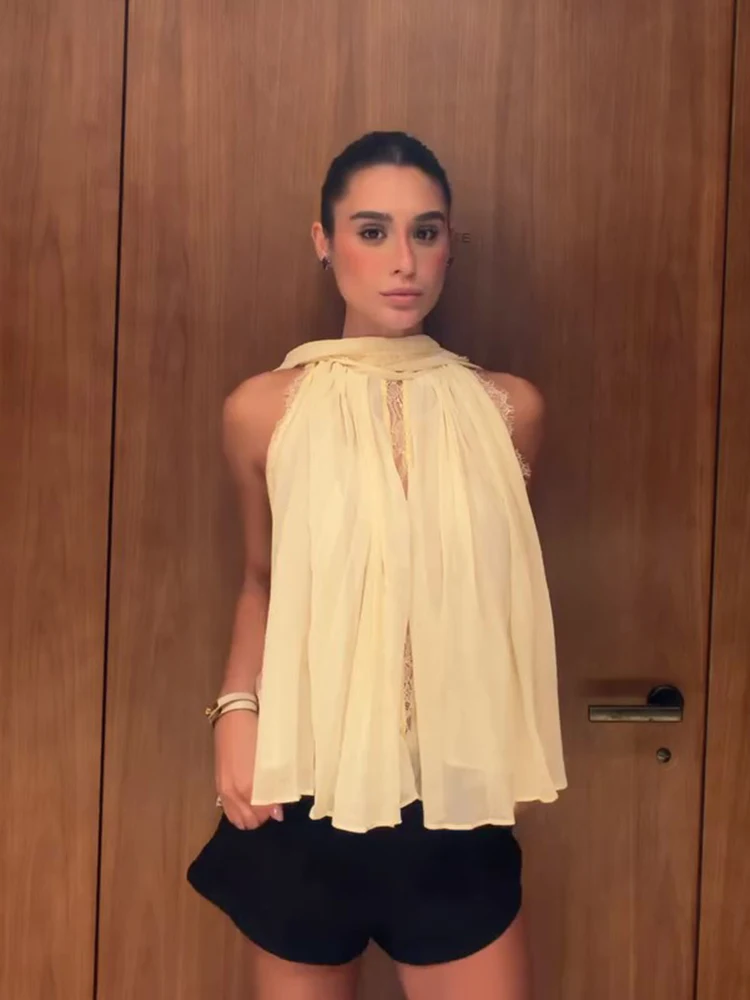 Chemisier en mousseline de soie à patchwork de dentelle pour femme, coupe ample, sans manches, plissé, chic, style châle, T-shirt polyvalent pour les vacances d'été 2026