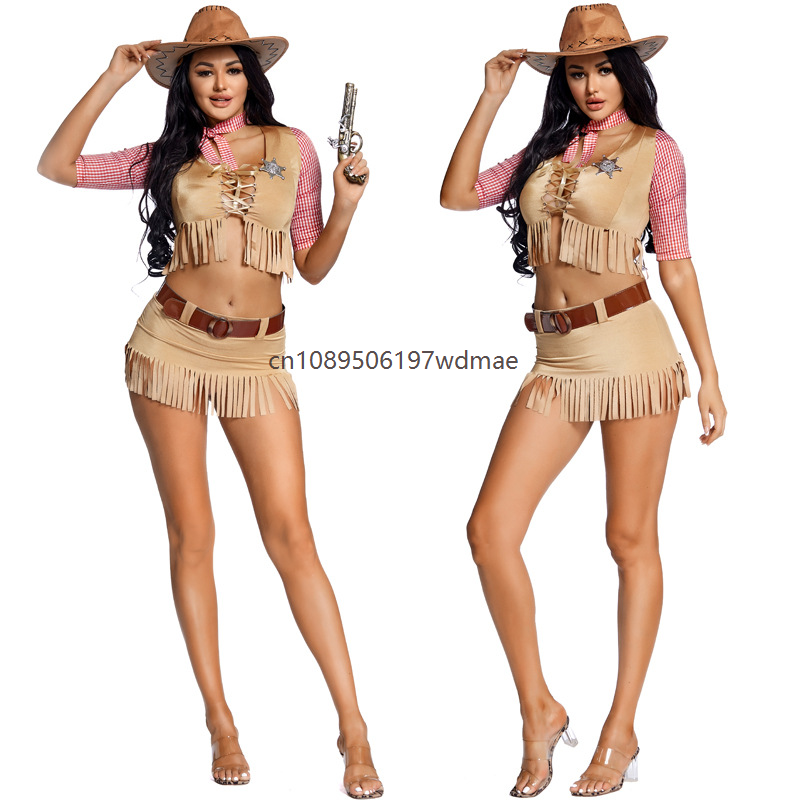 Costume de cowgirl cool pour adulte, robe de fête western, crop top sexy, jupe à franges, tenue de performance de carnaval
