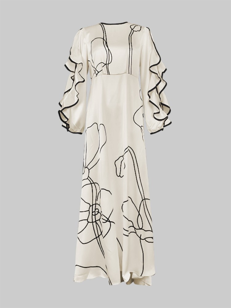 Bonboho-Robe de soirée élégante à imprimé floral pour femme, longueur au sol, col rond, manches à volants, taille haute, robes plissées