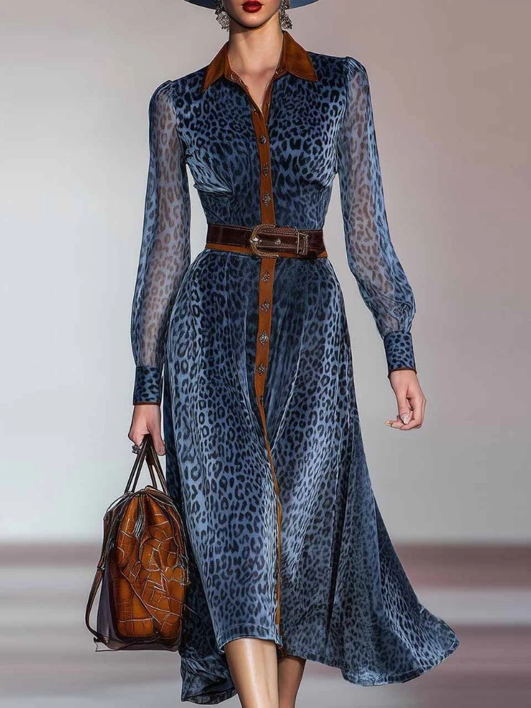 Robe élégante en maille imprimé léopard pour femmes, col à revers, simple boutonnage, Vintage, Chic, manches longues