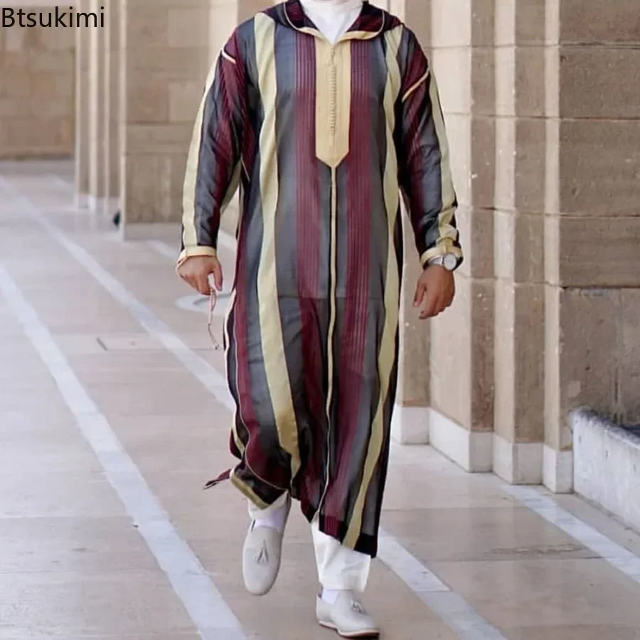 Robe longue décontractée pour hommes musulmans, vêtements islamiques, caftan, marocain, arabe, rayé, Costume National du moyen-orient, nouvelle collection 2026