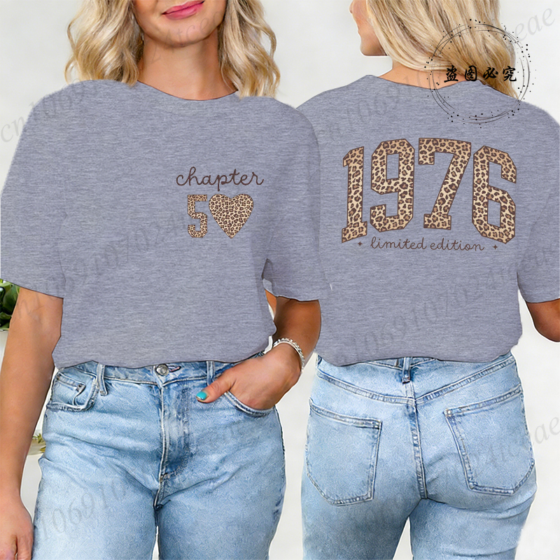 T-shirt tendance pour femme, imprimé rétro 1976, motif léopard, cadeau 50e anniversaire, hauts pour femme, t-shirt graphique Harajuku