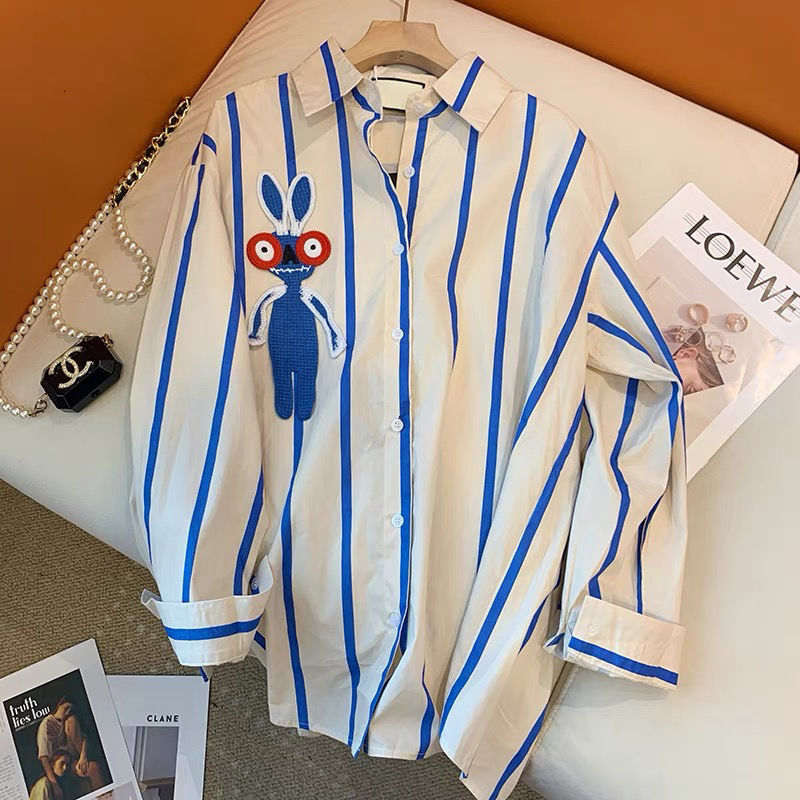 Chemise polyvalente minimaliste, ample et décontractée, Design de marque, sens contrasté, rayures bleues, lapin, mode printemps et automne 2023