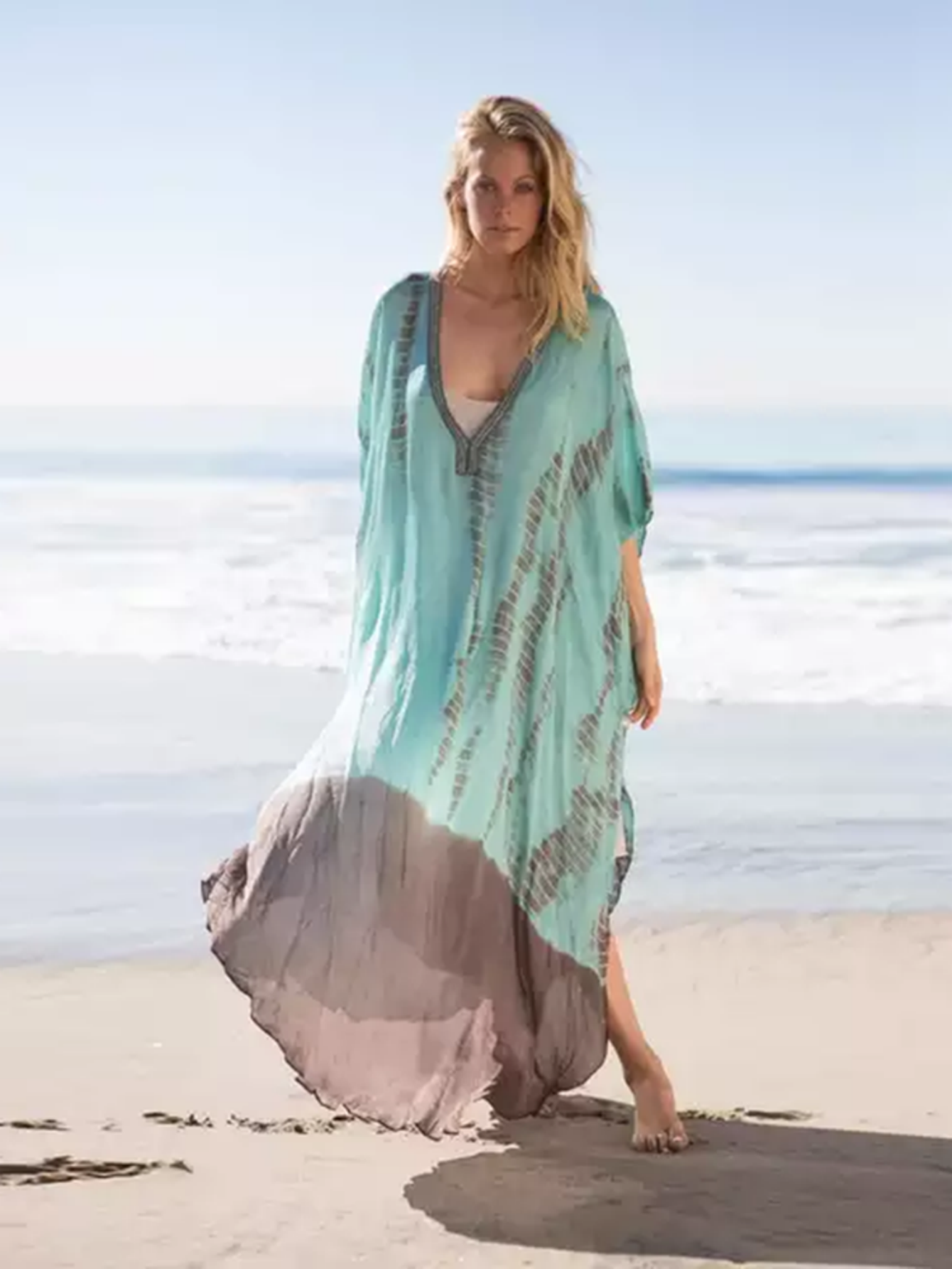 MAKABO Robes caftan pour femme, col en V Moo Moos imprimé coloré Cover Ups Caftan Robes de plage pour maillots de bain