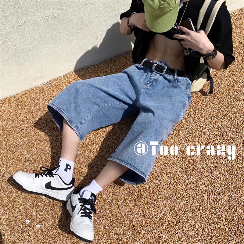 Pantalons en jean pour hommes, shorts d'été, jeans à grandes poches, pantalons capri, streetwear hip-hop, shorts en jean amples, pantalons capri décontractés à jambes larges.