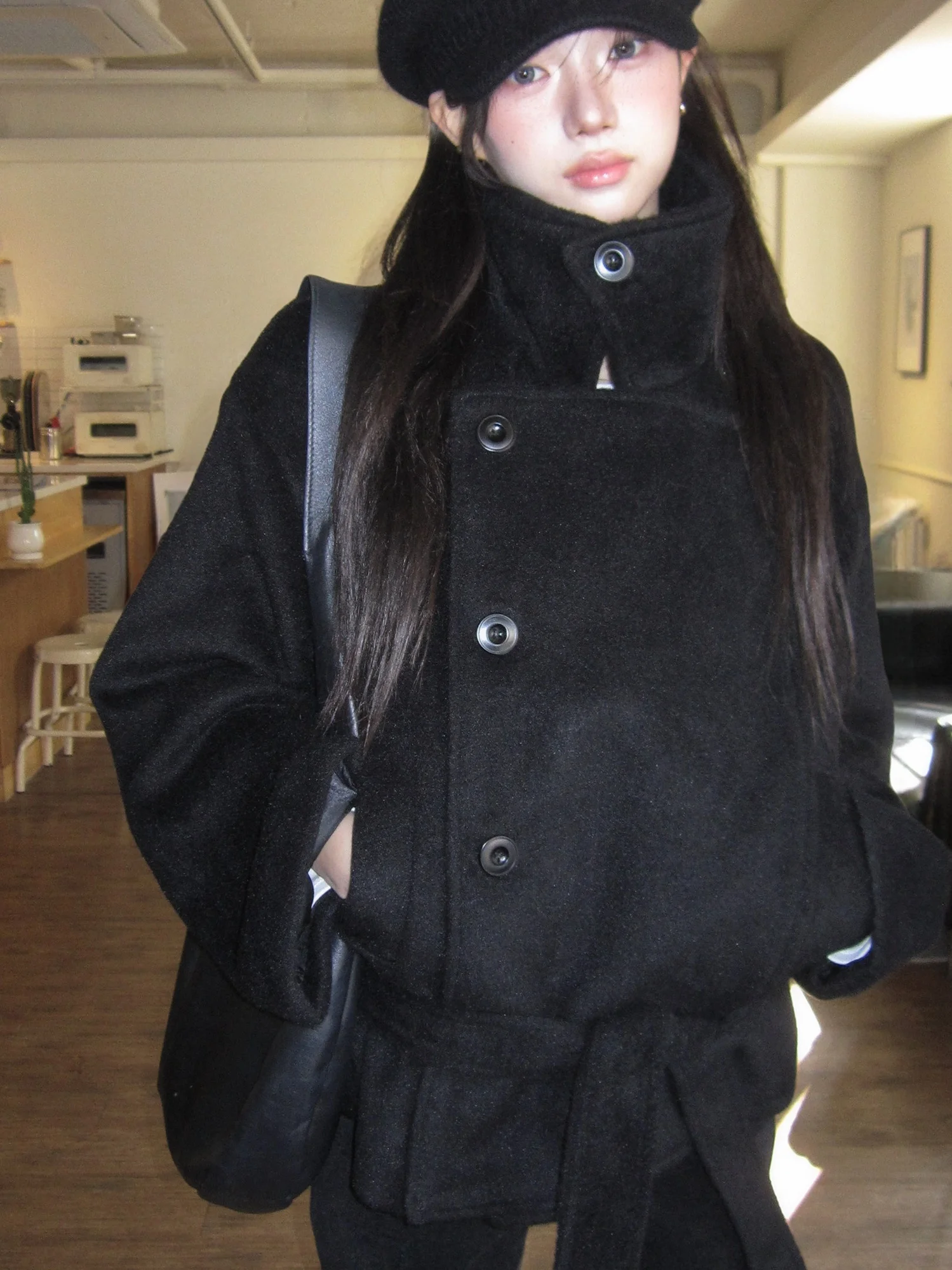 Manteau en laine à manches longues pour femmes, Unique, rétro japonais, col montant, ceinture, Long, ample, pour les déplacements, couleur Pure