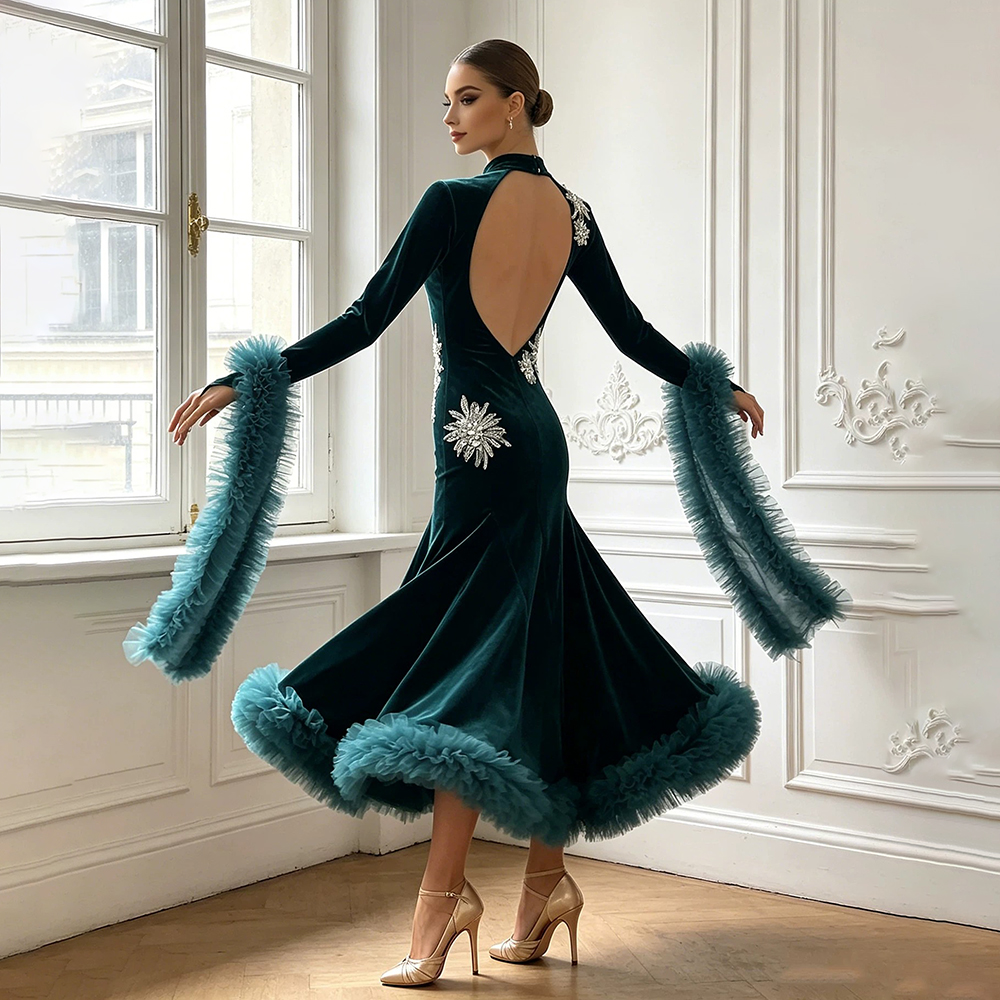 Robe de danse de salon pour femmes, col haut, en velours, Costume de danse moderne, tenue de danse Standard, Valse, Tango, Foxtrot