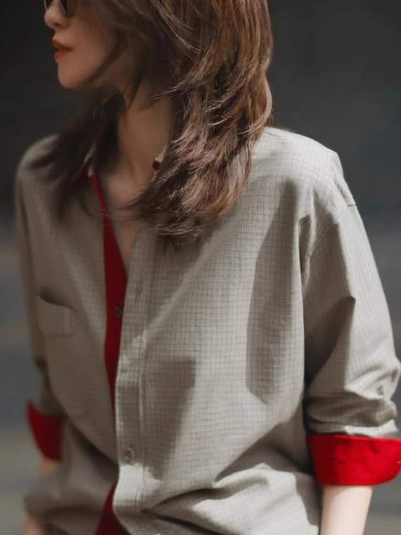 Chemisiers Vintage à carreaux pour femmes, chemises décontractées, mode ample, vêtements d'été de Style français, manches longues, gris, hauts pour femmes