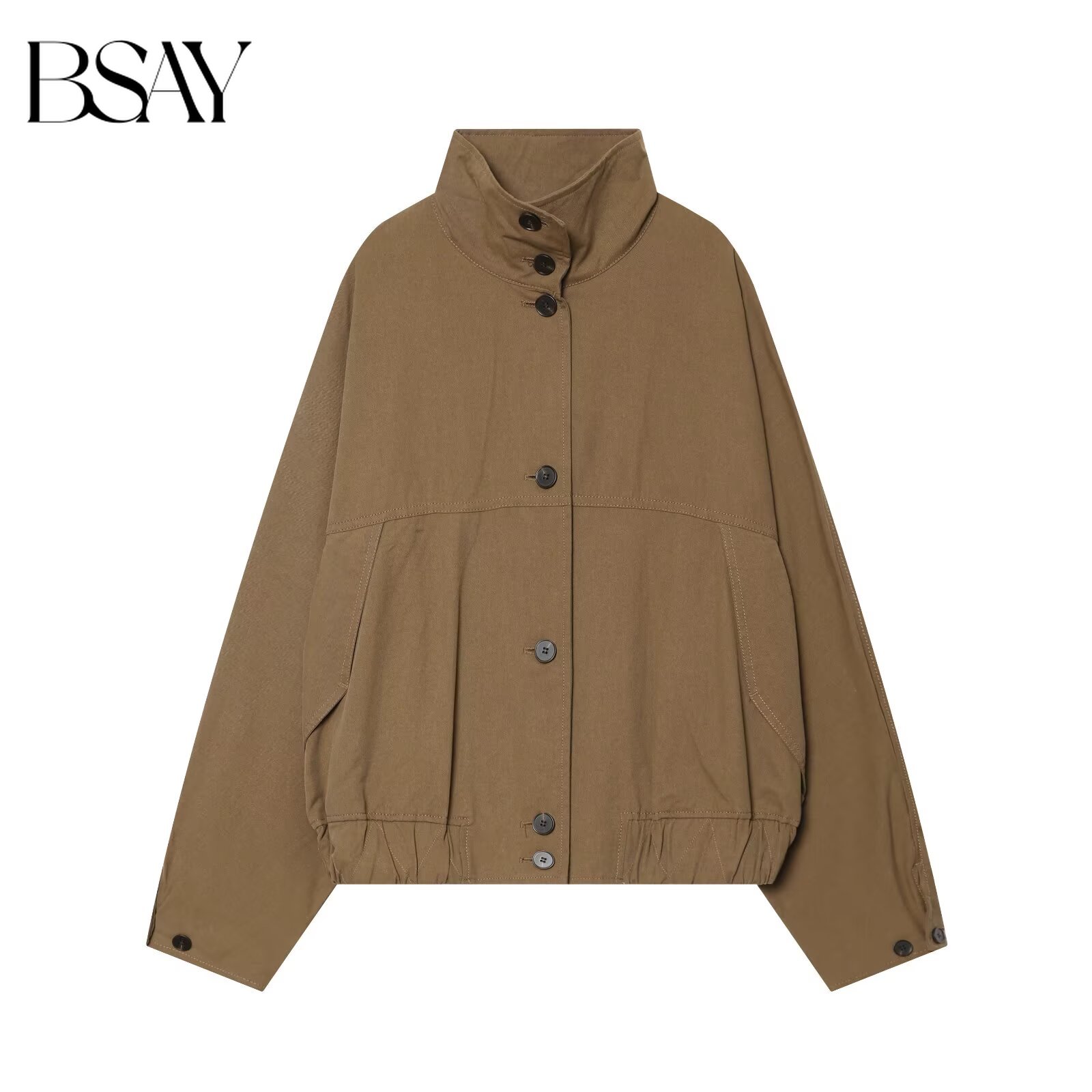 BSAY Nouvelle Veste Décontractée Ample à Col Montant et Boutonnage Simple pour Femme, Manches Longues, Ourlet Élastique, Style Streetwear, Couleur Kaki 2026