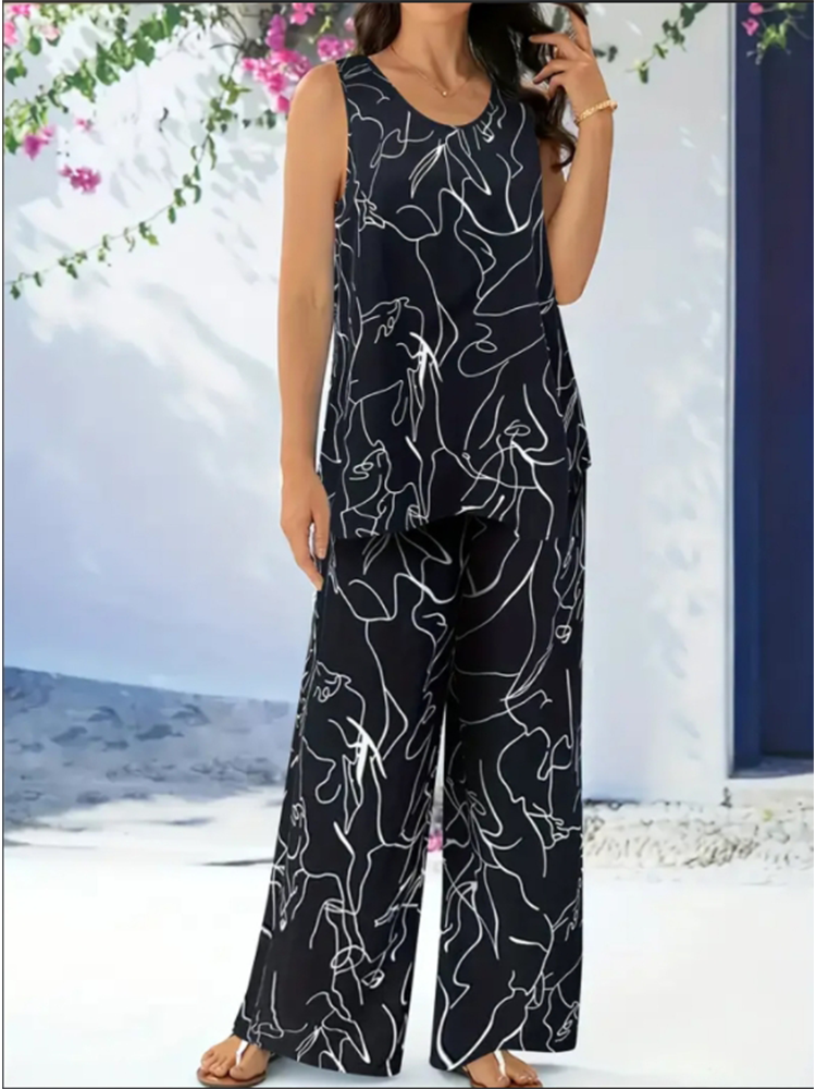 Ensemble de pantalons à jambes droites en fibre pour femmes, manches noires imprimées pour femmes, pantalons adt, ensemble décontracté ChimSummer
