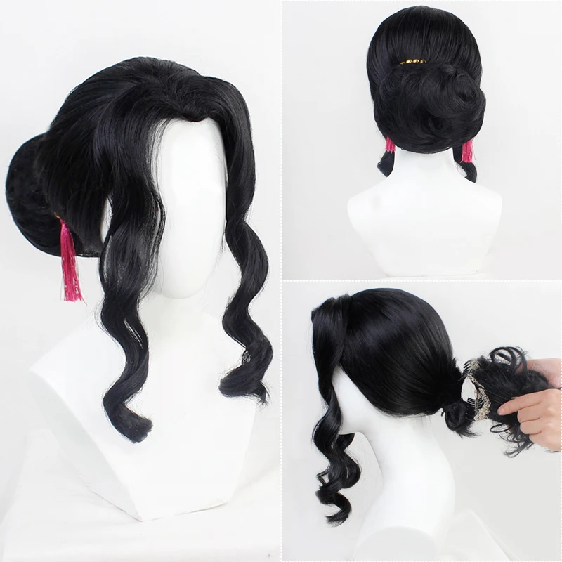 Perruque de cosplay Kimetsu No Yaiba Kibutsuji Muzan, couvre-chef noir pour femmes, cheveux synthétiques bouclés résistants à la chaleur, perruques pour costume d'Halloween