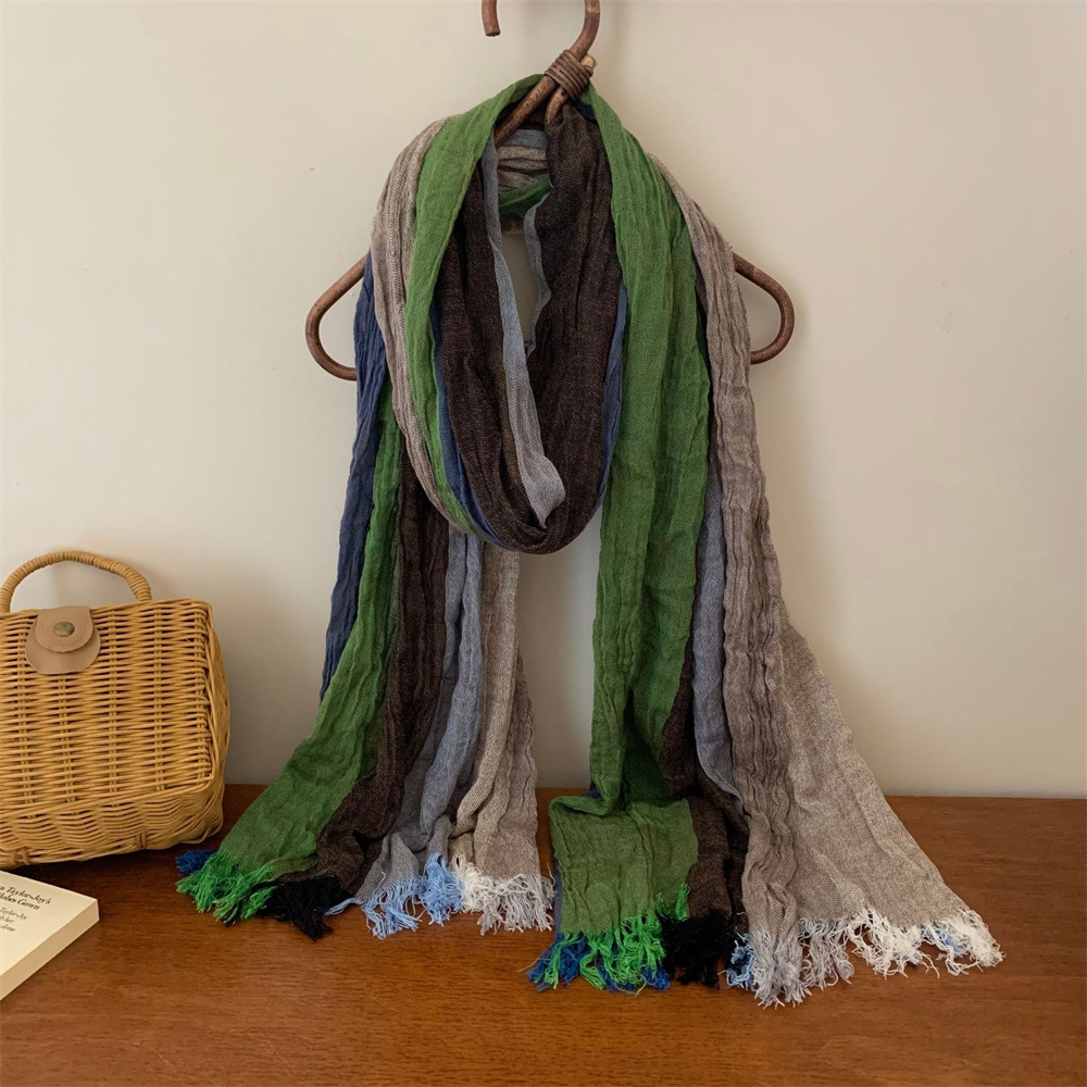 Écharpe longue à franges en lin mélangé style bohème rétro 2026 pour femme, dégradé de couleurs, respirante et douce, à rayures, pour usage quotidien