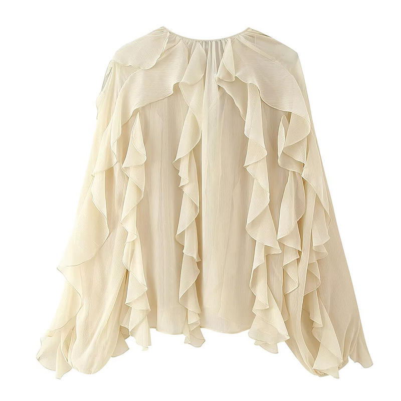 Printemps 2025 femmes sexe Semi-transparent à manches longues col en V à volants Blouse chemise bouton avant haut