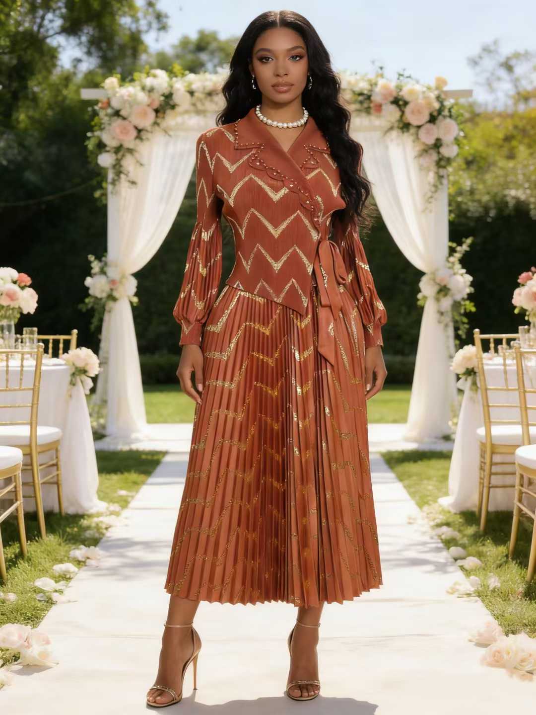 Robe Grande Taille Plissée Longue Miyaki avec Ceinture à Nouer, Style Socialite Élégant et Décontracté Amincissant, Demi-Cardigan Estampillé Or, Tendance Transfrontalière, Vente Chaude