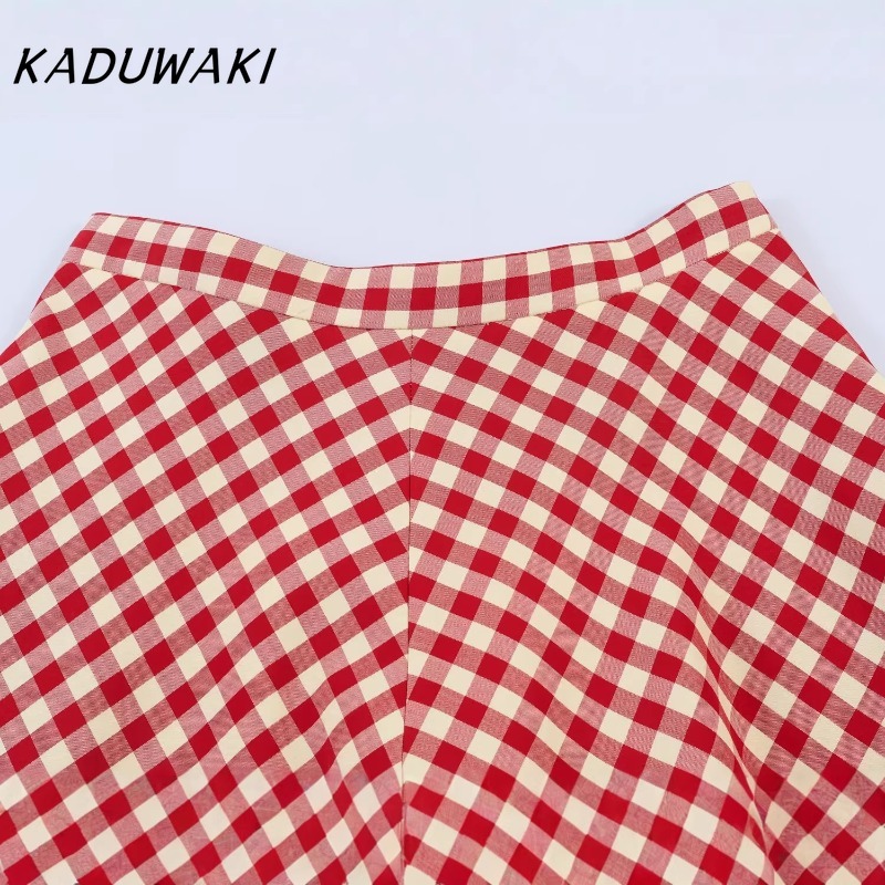 Jupe mi-longue élégante KADUWAKI pour femme, imprimé gingham rouge, coupe trapèze, ourlet évasé, taille haute, décontractée pour pique-niques et sorties en extérieur