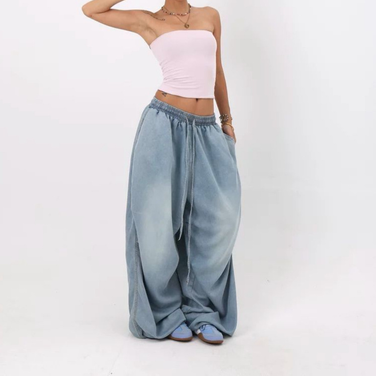 Pantalon en jean pour femme, coupe ample, taille élastique, délavage vintage, longueur intégrale, avec lacets, style Y2K streetwear décontracté, Printemps 2026