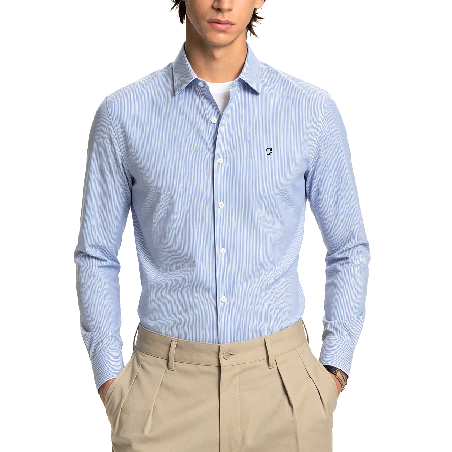Chemise à manches longues pour homme CH - Style business décontracté - Avec logo de marque brodé - Convient pour le port quotidien au bureau