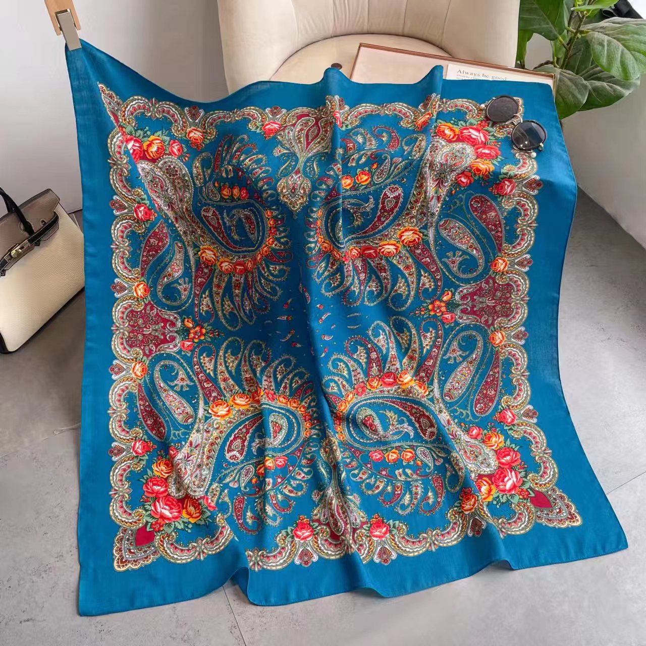 Foulard Russe à Imprimé Floral pour Femme, Hijab, Bandes de Sauna, Châles de Luxe, Grande Taille, Carré, Bandana, Mouchoir, Voile Babushka, 110x110cm