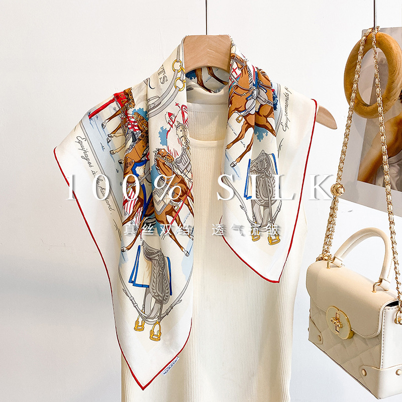 Foulard carré 100% soie de mûrier, imprimé vintage équestre (selle de cheval), bandana unisexe, couvre-cou et tête, idéal pour le bureau, les voyages, les vacances, cadeau