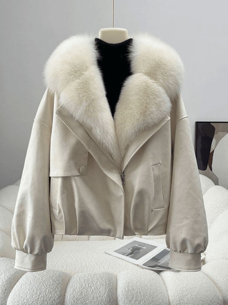 Nouvelle Collection Hiver 2026 – Manteau Court en Coton Style Étranger avec Col en Fourrure Beige, Coupe Ample et Polyvalente pour Femme