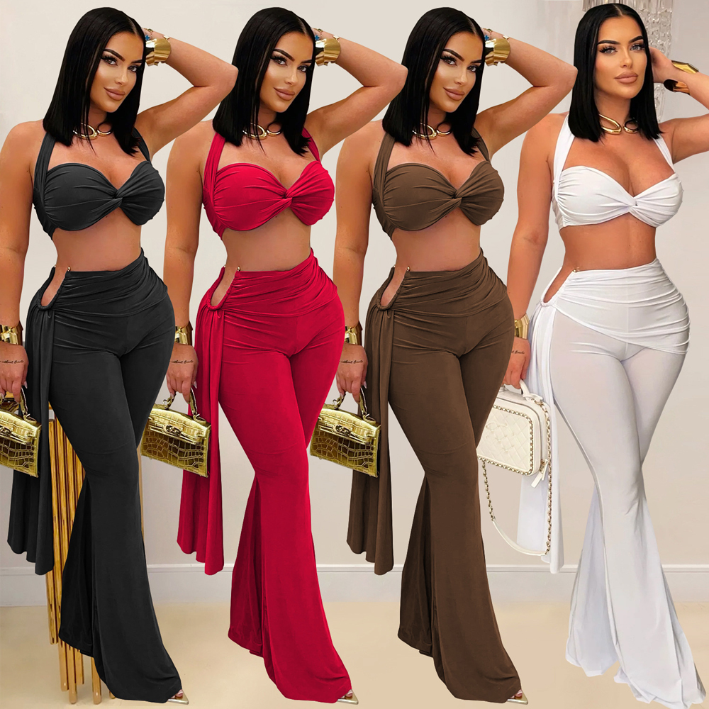 Tenues Sexy pour femmes, haut court torsadé sur le devant et bretelles longues, pantalons à jambes larges, ensembles de survêtements froncés en métal, salopette de nuit Chic