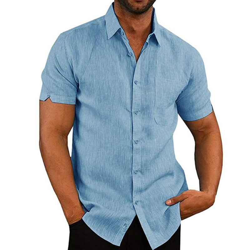 Chemises d'Été en Coton et Lin pour Homme, Chemisiers Décontractés à Manches Courtes, Couleur Unie, Col Rabattu, Vêtements de Plage Formels