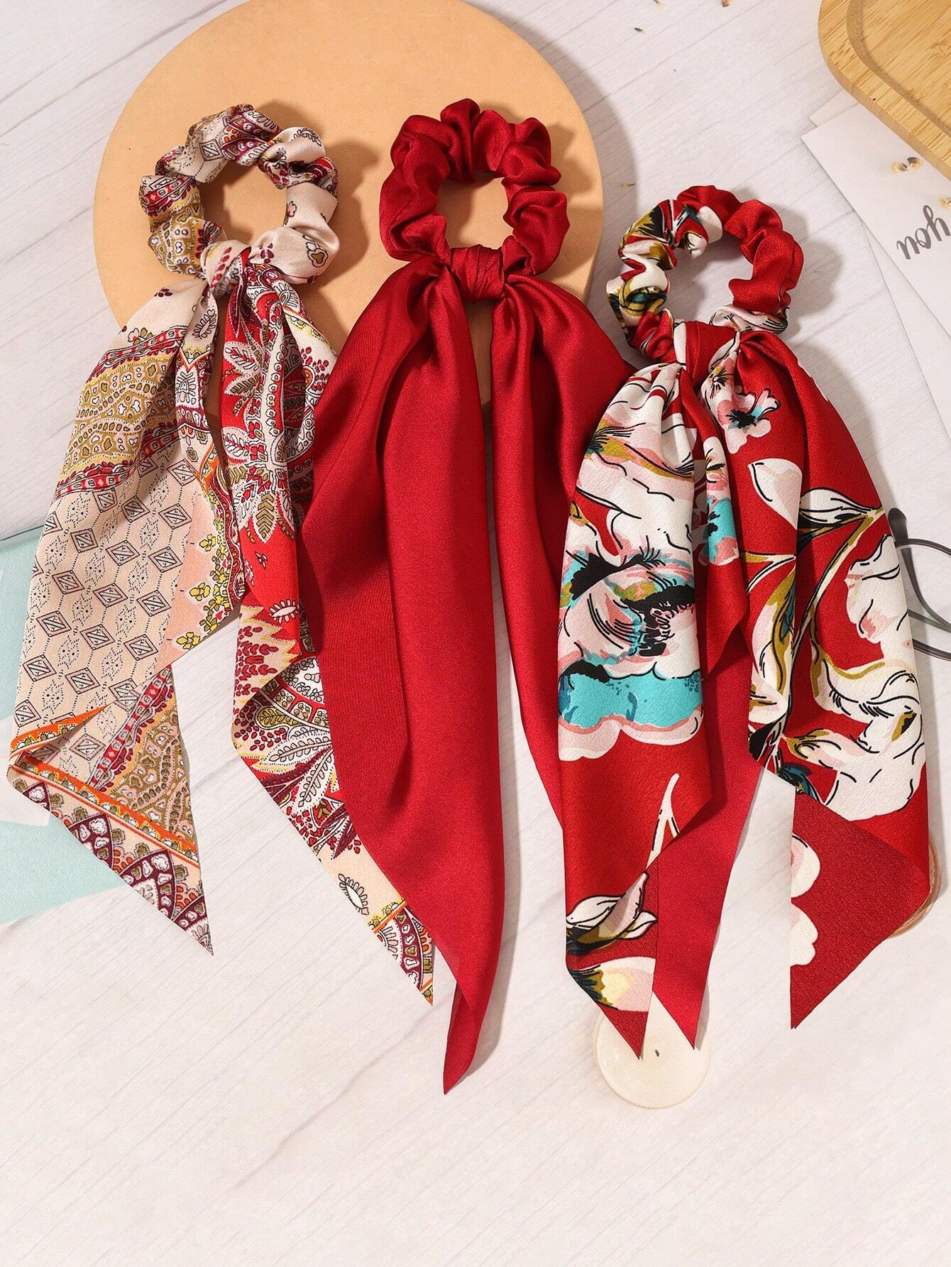 Bandana triangulaire en Satin imprimé artistique, nouveau Style, couleur unie, accessoires pour foulards longs, porte-queue de cheval, attaches pour cheveux, 3 pièces