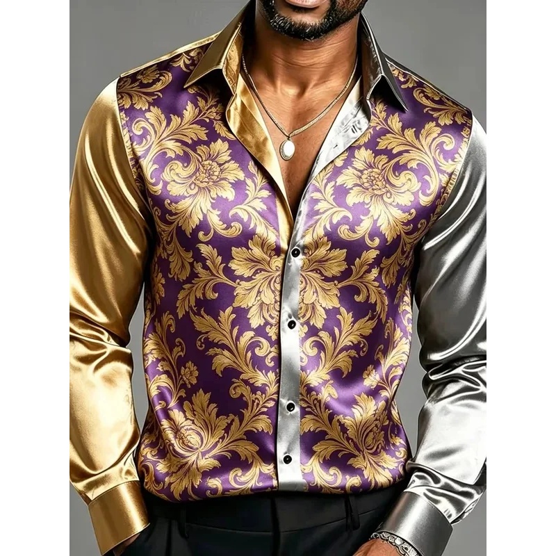Chemises habillées pour hommes en satin de soie à manches longues, imprimées de motifs floraux baroques, coupe ajustée, pour soirées, boîtes de nuit, occasions formelles et décontractées.