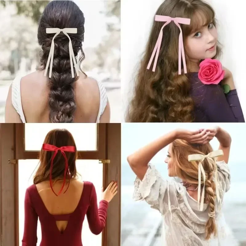 Pinces à cheveux avec nœuds en ruban de Satin pour femmes, 4/6/8 pièces, coréen, longues queues de pampilles, ensemble de Barrettes à nœud papillon, épingle à cheveux, accessoires pour filles