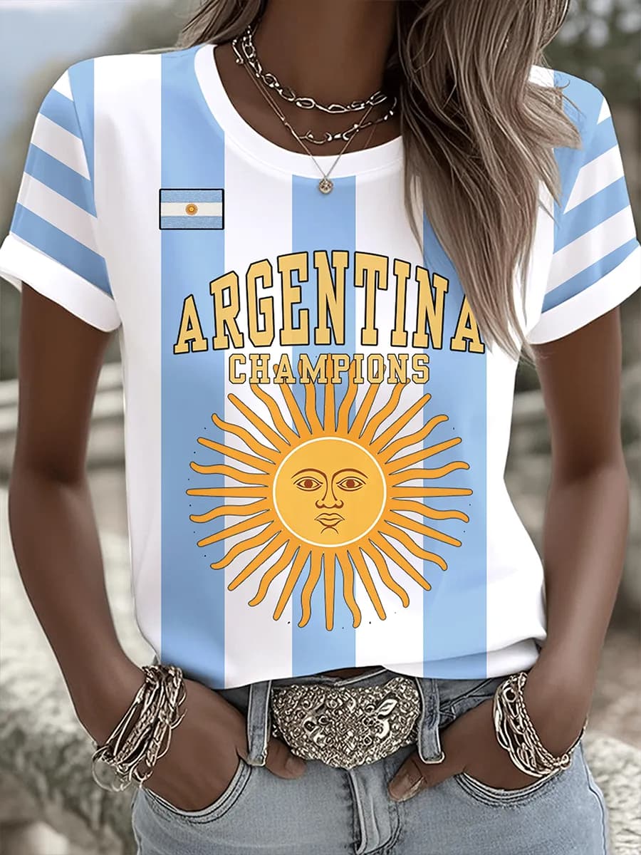 Maillot de football Argentine 2026 pour femme, manches courtes, imprimé national, T-shirt de football respirant et décontracté pour fans